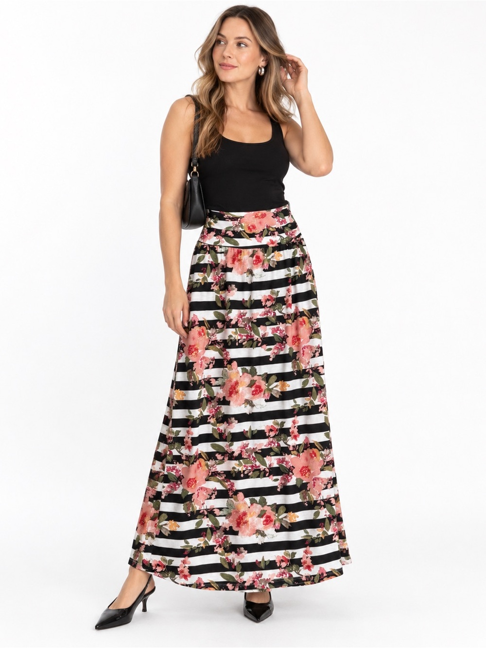 Joe B Floral Stripe Maxi Skirt Medium Black White Pink Stretch Foldover Boho